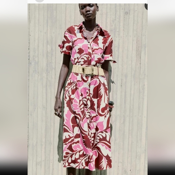 Zara Dresses & Skirts - Zara Burgundy and Pink Patterned Midi Dress